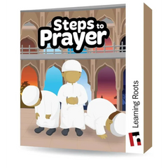 Steps to prayer kaarten educatief boek met illustraties van kinderen in witte gebedskleding voor moskee achtergrond