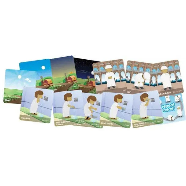 Set van gevouwen kaarten met kleurrijke illustraties van een kind in witte gewaden bij stappen tot gebedskaarten
