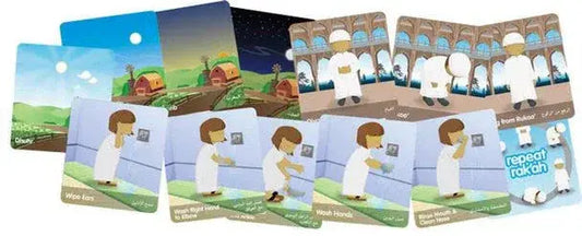 Set van gevouwen kaarten met kleurrijke illustraties van een kind in witte gewaden bij stappen tot gebedskaarten