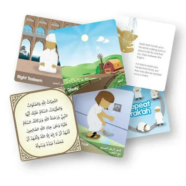 Educatieve geïllustreerde kaarten stappen naar gebed met islamitische gebeds- en hygiëne-instructies in kleur