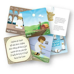 Educatieve geïllustreerde kaarten stappen naar gebed met islamitische gebeds- en hygiëne-instructies in kleur
