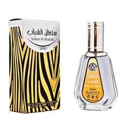 Perfume fles met Arabische branding en zebra-strijkverpakking van Shabaab Parfumspray