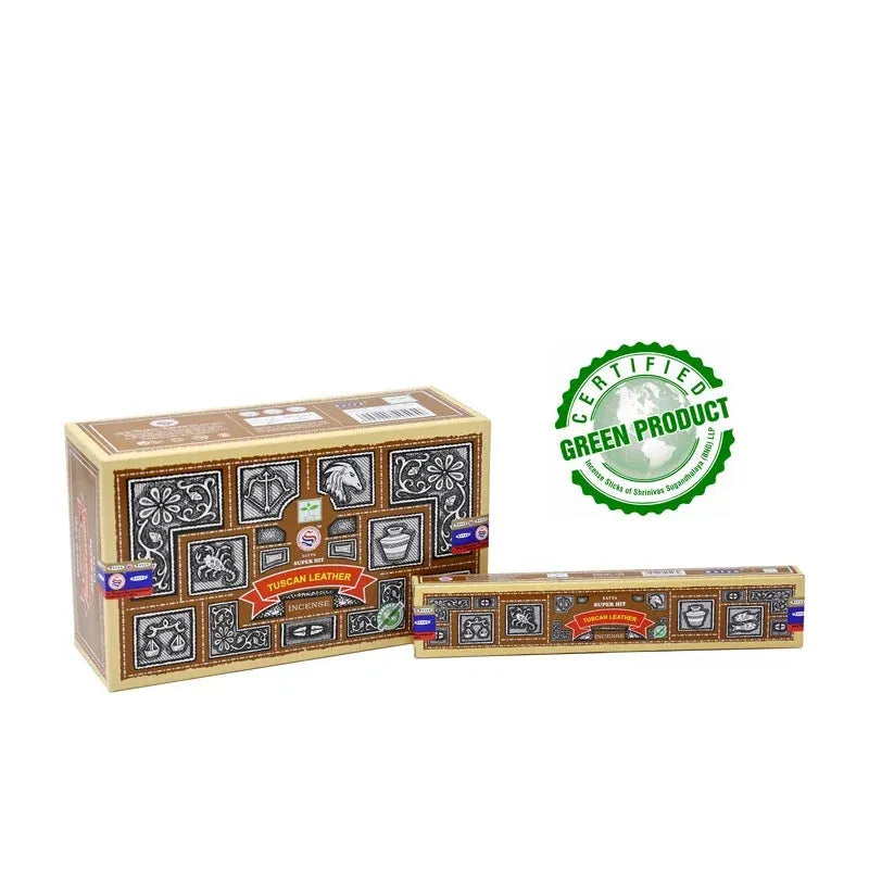 Super Hit Tuscan Wierookstokjes met één stok naast de verpakking, geur van Tuscan Leather