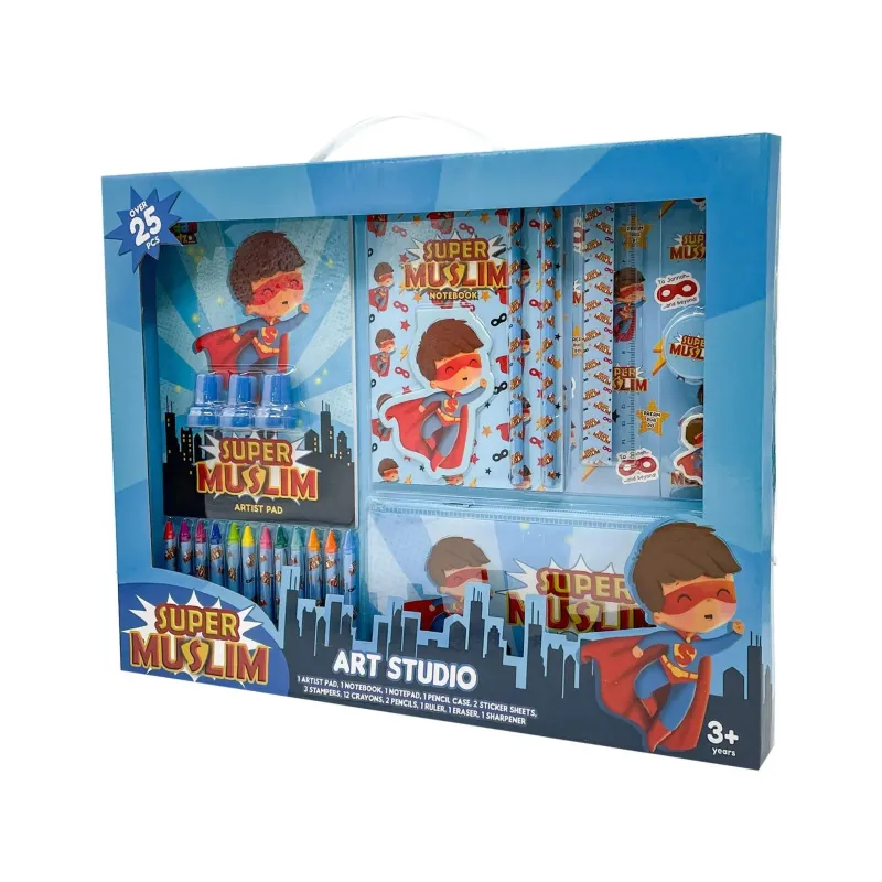 Blauwe super muslim art studio set met superhelden notitieboek, tekenblok, potloden, krijtjes en kantoorartikelen