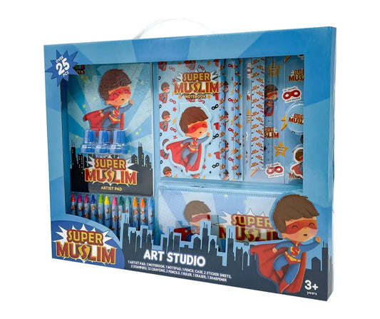 Blauwe super muslim art studio set met superhelden notitieboek, tekenblok, potloden, krijtjes en kantoorartikelen
