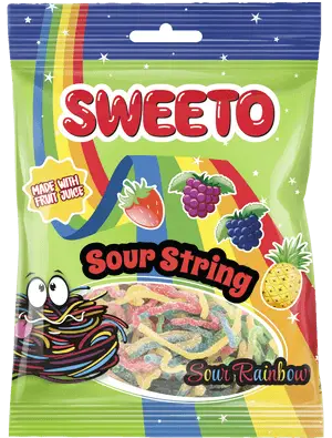 Een kleurrijke snoepzak sweet sour string snoep rainbow 80g halal met regenboogkleurige gummy wormen en fruitillustraties