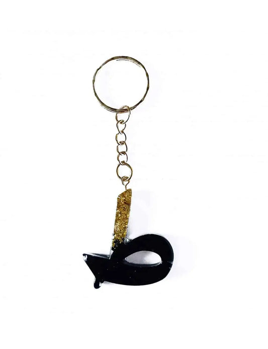 Zwarte acryl sleutelhanger t’aa met gouden glitters en zilveren metalen ring arabisch alfabet design