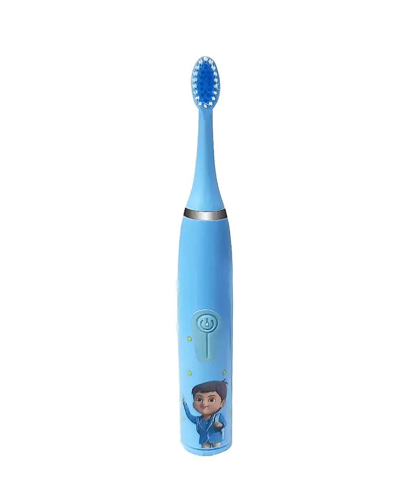Lichtblauwe elektrische tandenborstel met cartoonontwerp en zilveren accentband van hadieth studio blauw