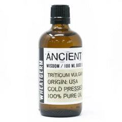 Amber glazen fles met koudegepresste Triticum vulgare olie en Ancient label, Tarwekiemolie