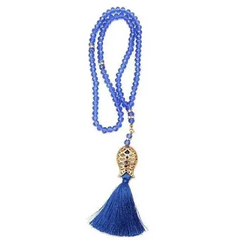 Blauwe kralen tasbeeh kristal met gouden tulp, vis hanger en kwast
