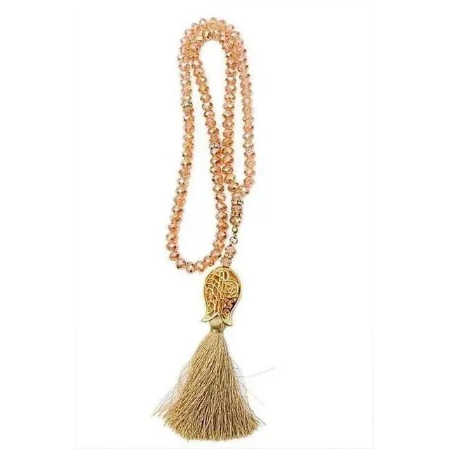 Tasbeeh Kristal met Gouden Tulp: perzik kraal ketting met gouden franje en boom hanger