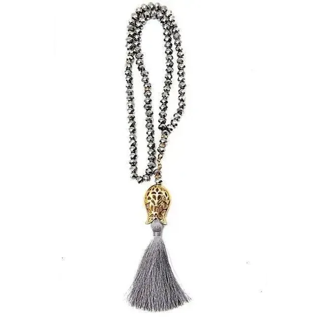 Tasbeeh kristal ketting met gouden tulp, hematiet kralen en grijze kwast