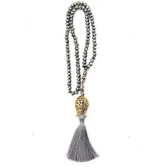 Tasbeeh kristal ketting met gouden tulp, hematiet kralen en grijze kwast