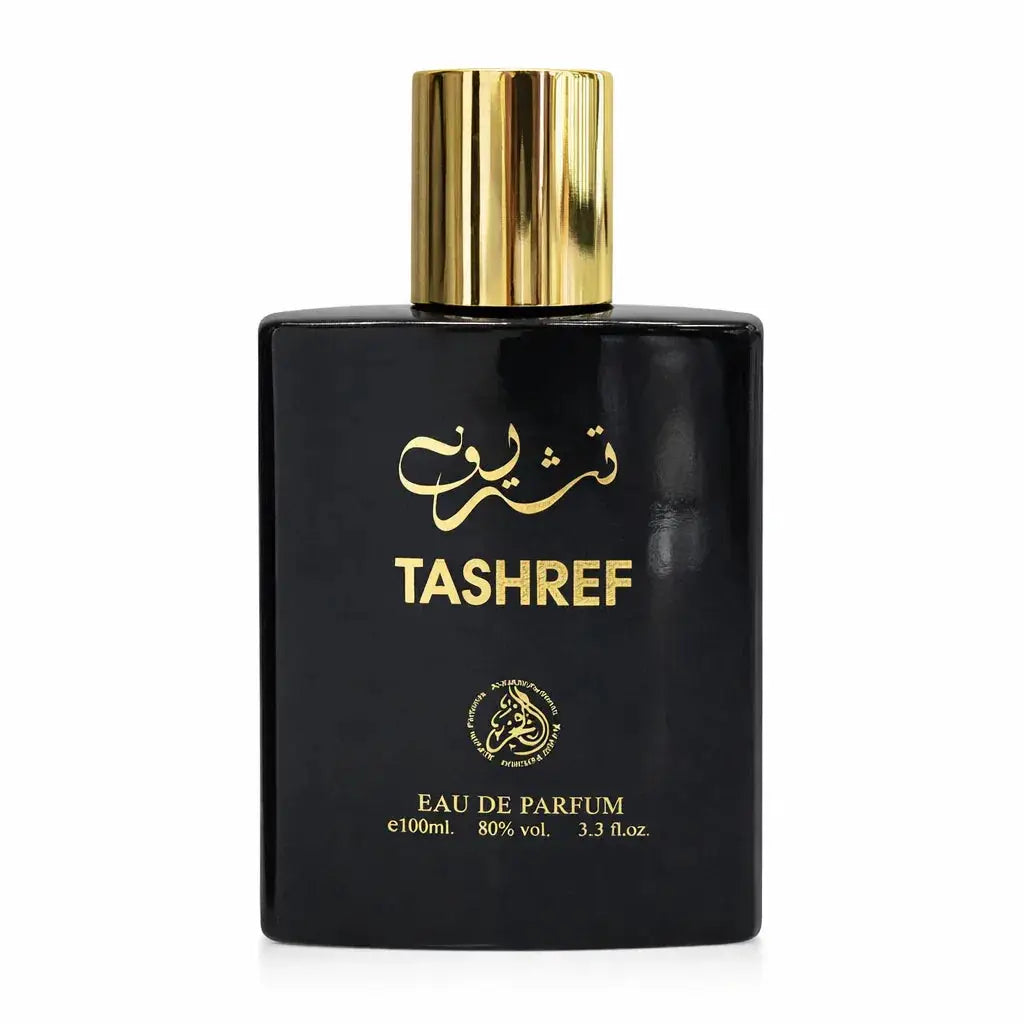 Zwarte rechthoekige fles tashref eau de parfum met gouden dop en gouden letters voor tashref edp