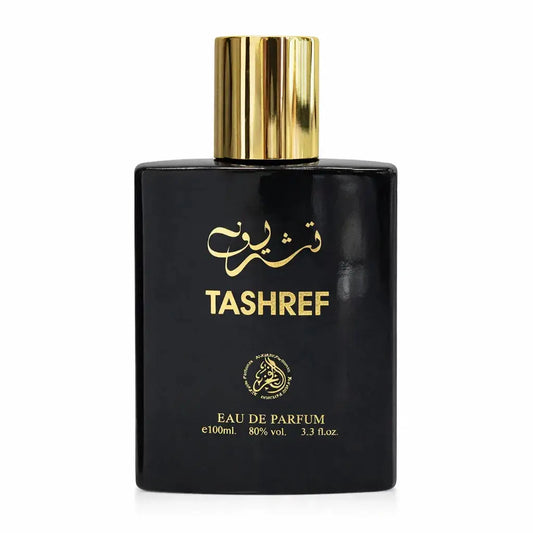 Zwarte rechthoekige fles tashref eau de parfum met gouden dop en gouden letters voor tashref edp