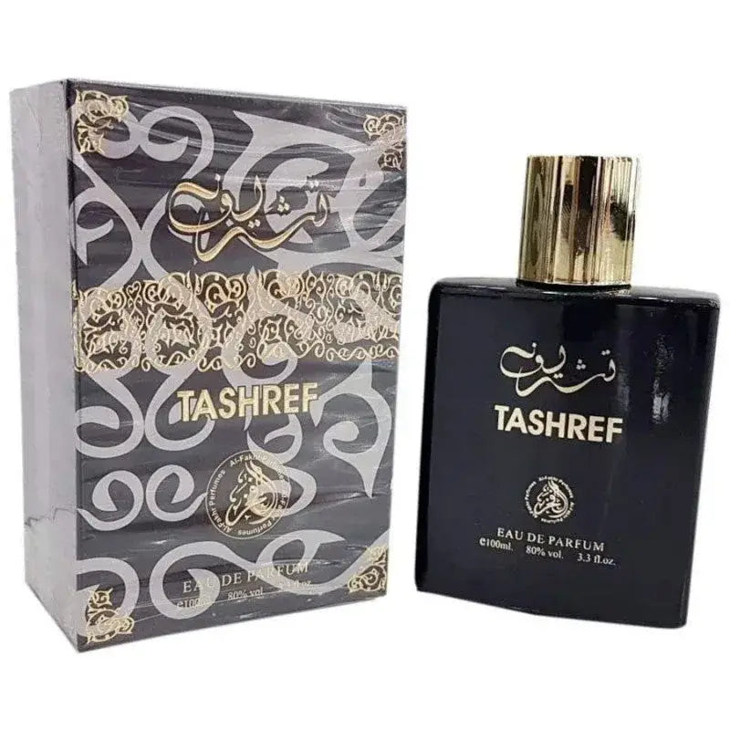 Zwarte rechthoekige fles tashref eau de parfum met gouden dop en bijpassende sierlijke verpakking van tashref edp