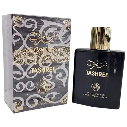 Zwarte rechthoekige fles tashref eau de parfum met gouden dop en bijpassende sierlijke verpakking van tashref edp