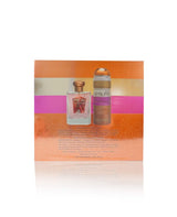 Oranje en roze gestreepte geschenkdoos met glazen parfumfles en bijpassende spray van taum roohi lattafa cadeauset