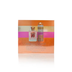 Oranje en roze gestreepte geschenkdoos met glazen parfumfles en bijpassende spray van taum roohi lattafa cadeauset