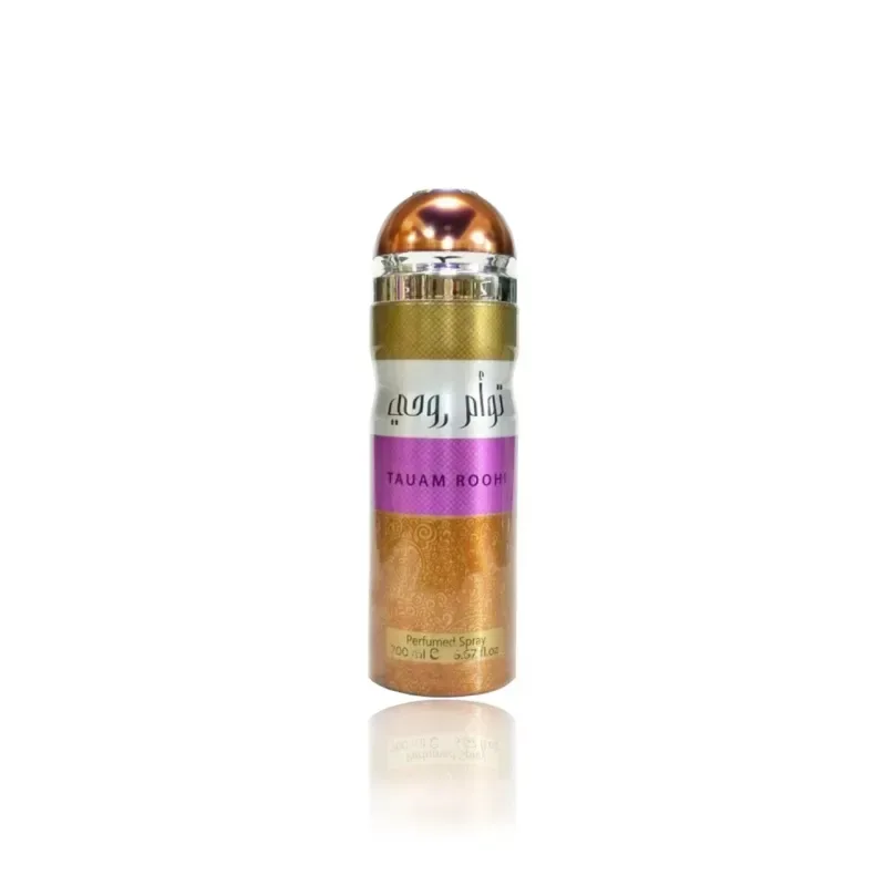 Gouden cilindrische parfumverstuiver met metalen dop en paarse label tauam rooftop arabische tekst van taum roohi lattafa cadeauset