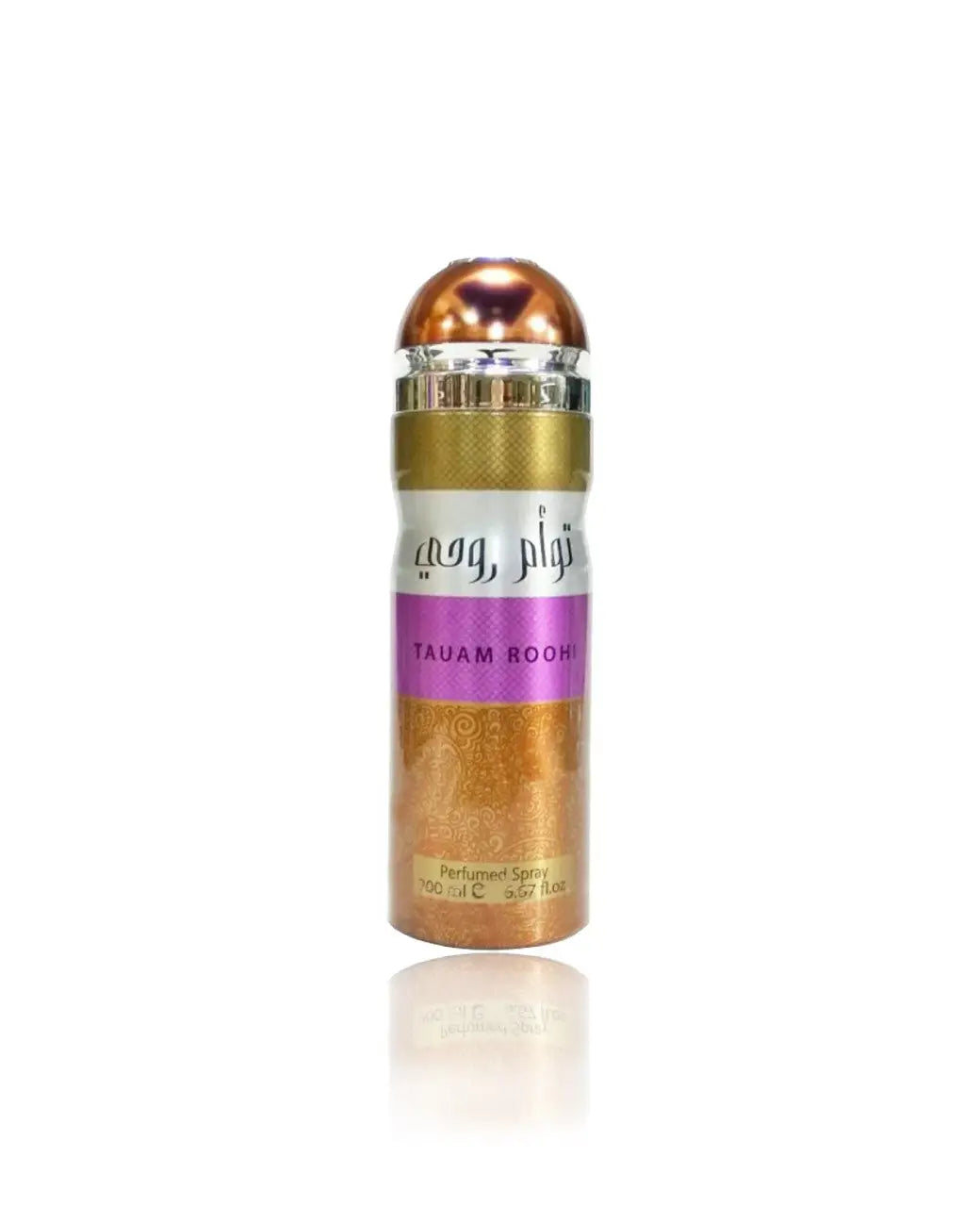 Gouden cilindrische parfumverstuiver met metalen dop en paarse label tauam rooftop arabische tekst van taum roohi lattafa cadeauset