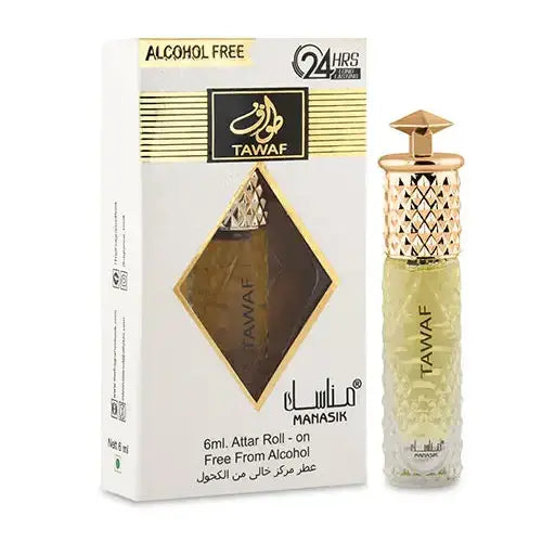 Een slanke transparante glazen rollerball parfumfles met een goudkleurige diamantpatroon dop en gegraveerde tawaf tekst