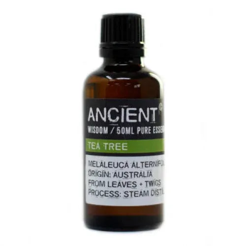 Bruine glazen fles van Ancient Wisdom tea tree etherische olie 50 ml