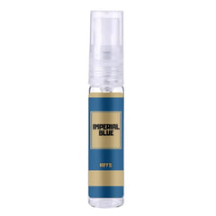 Transparante glazen parfum spray fles met blauw en goud label voor Riffs Parfum Imperial Blue