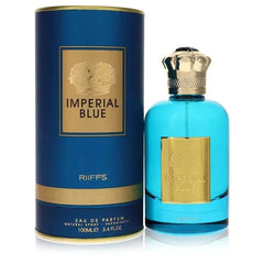 Imperial Blue parfum met gouden accenten en cilindrische verpakking van Riffs Parfum