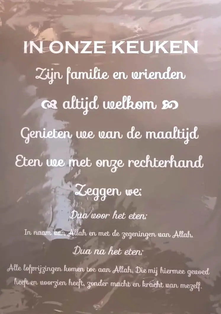 Transparant glas tekstbord keuken met witte cursieve tekst dua voor en na het eten a2 formaat