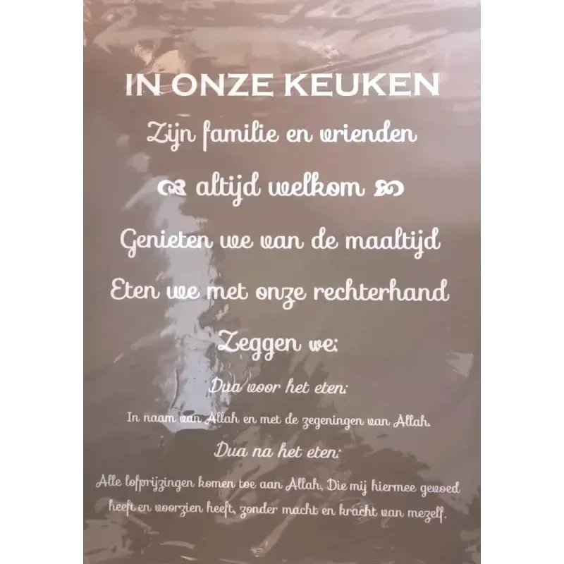 Transparant glas tekstbord keuken met witte cursieve tekst dua voor en na het eten a2 formaat