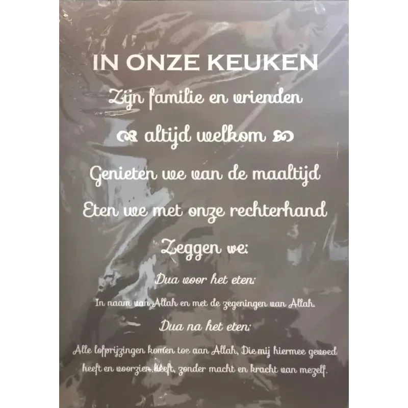 Transparant tekstbord keuken van kunststof met witte sierlijke letters dua voor en na het eten a2 formaat
