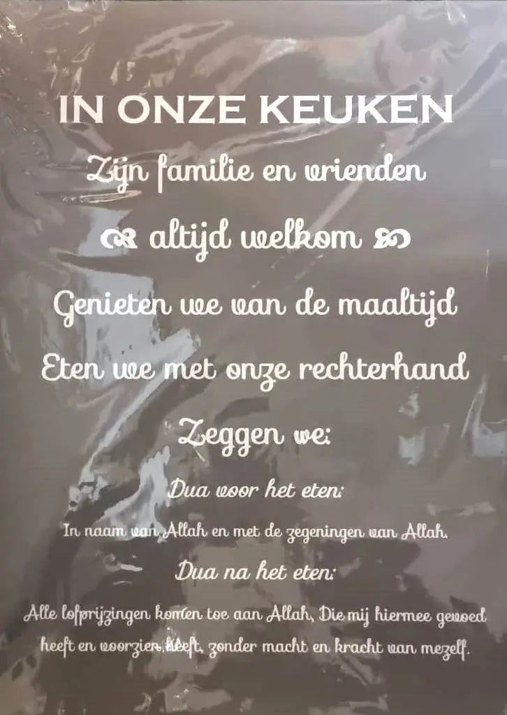Transparant tekstbord keuken van kunststof met witte sierlijke letters dua voor en na het eten a2 formaat