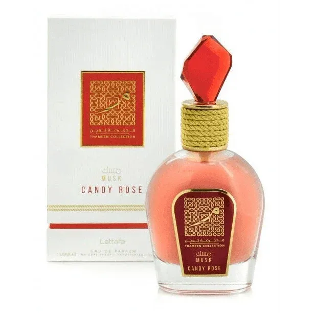 Candy Rose parfum in glazen fles met verpakking van Thameen, Lattafa parfum