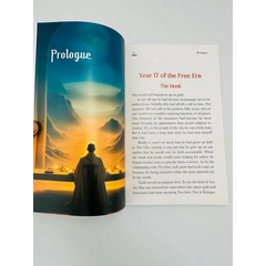 Open boek met Proloog pagina en monnikillustratie uit The 100th Murder