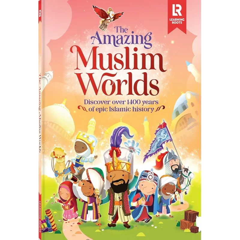 Boekomslag van The Amazing Muslim Worlds met kleurrijke cartoonillustraties van diverse personages