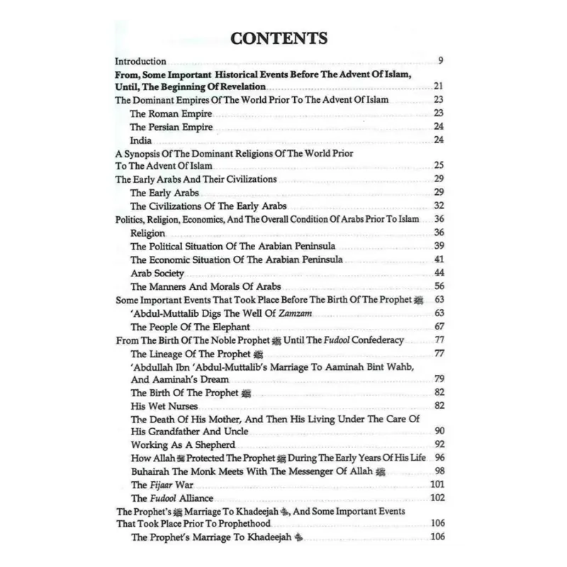 Tafel met inhoud voor het boek over de noble life van de Profeet صلی الله علیه وآلهِ وسلم