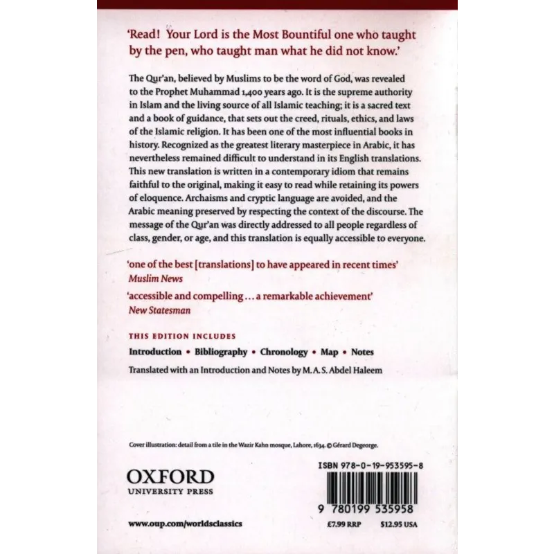 Achterkant van het boek de Qur’an Oxford World’s Classics op de achterkant