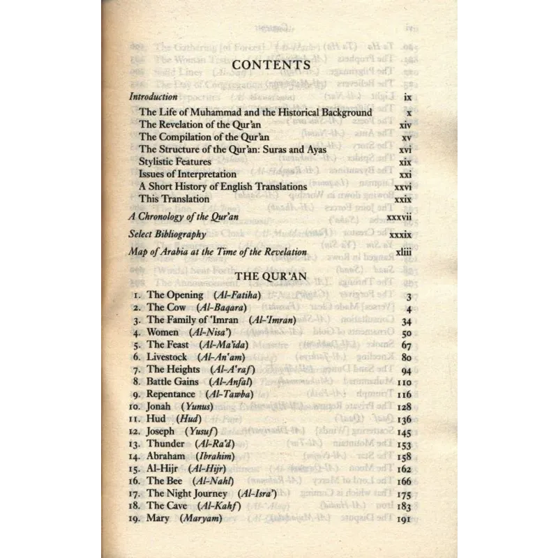 Tafel met inhoudsopgave van het boek over de Qur’an in The Qur’an Oxford World’s Classics