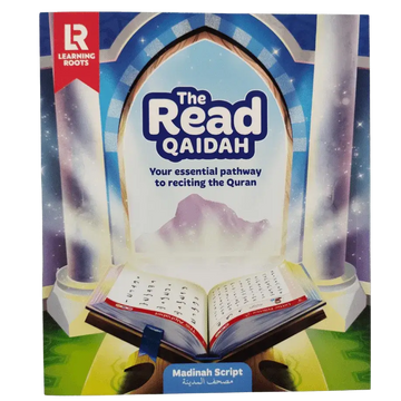 De read qaidah workbook van learning roots met een zacht kaft en een illustratieve voorkant met een gloeiende open quran onder boogkolommen in madinah script