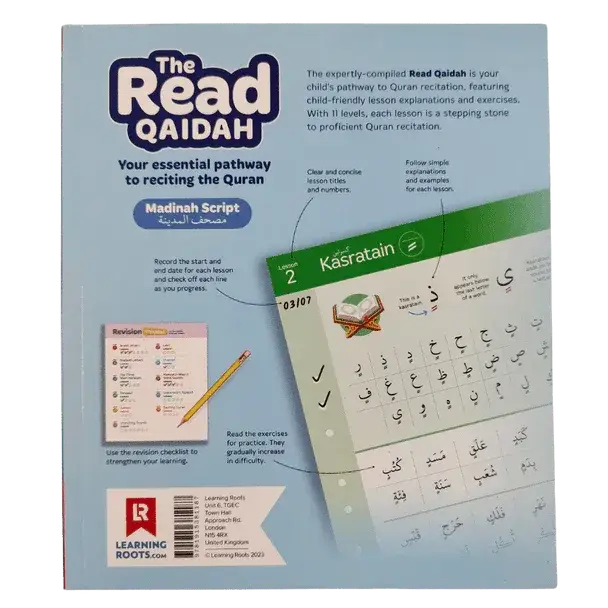 The read qaidah madinah script soft cover workbook with green and white lesson page featuring arabic calligraphy for quranic recitation practice