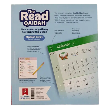 The read qaidah madinah script soft cover workbook with green and white lesson page featuring arabic calligraphy for quranic recitation practice