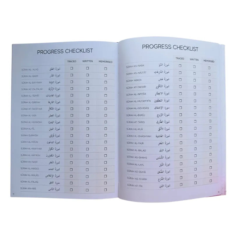 Checklistboekje voor The Tracing Qur’an met Engelse en Arabische tekst