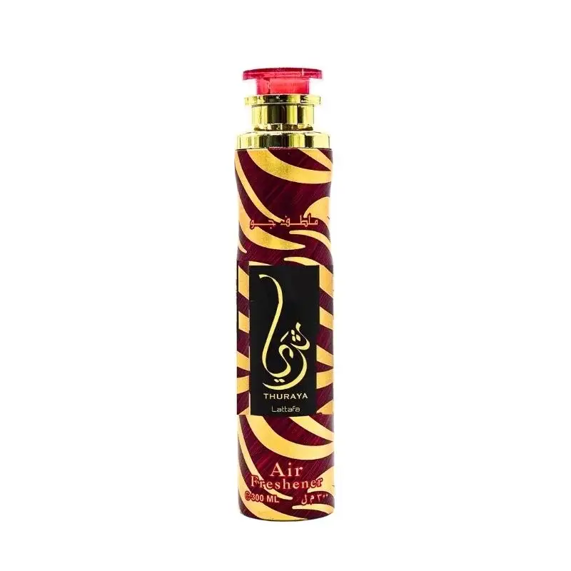 Een strakke 300 ml luchtverfrisser fles met een maroon en gouden zebraprint en een elegant zwart label met arabische tekst en merknaam thuraya