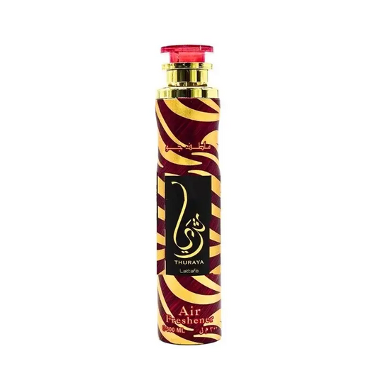 Een strakke 300 ml luchtverfrisser fles met een maroon en gouden zebraprint en een elegant zwart label met arabische tekst en merknaam thuraya