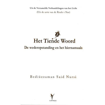 Wit boekomslag met zwarte tekst en een klein decoratief embleem van het tiende woord door bediüzzaman said nursi