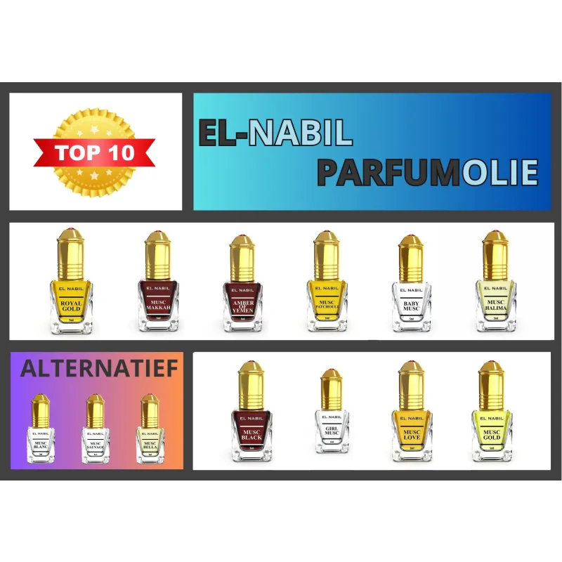 Display van verkochte El-Nabil parfums in gouden flessen, prachtig gerangschikt