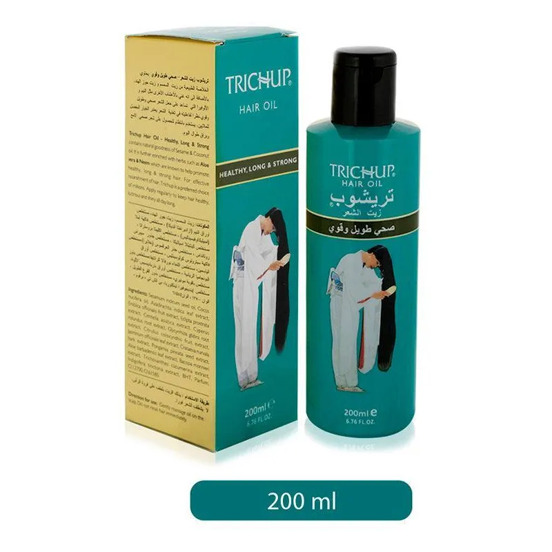 Trichup Hair Oil in teal packaging promoting healthy long hair, 200ml