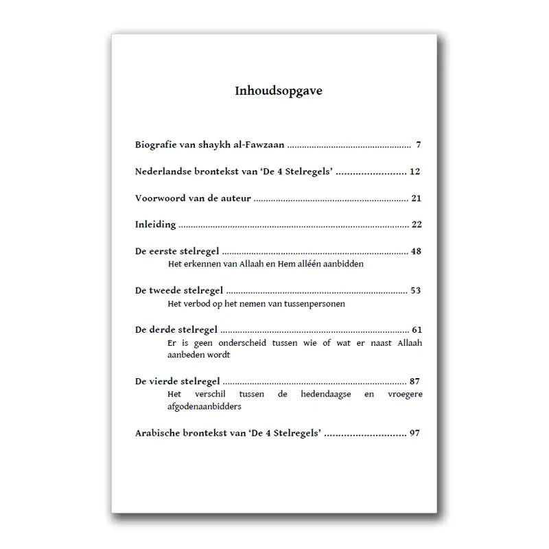 Witte papieren boek inhoudsopgave pagina met zwarte tekst in het nederlands van uitleg van de 4 stelregels as-sunnah publications