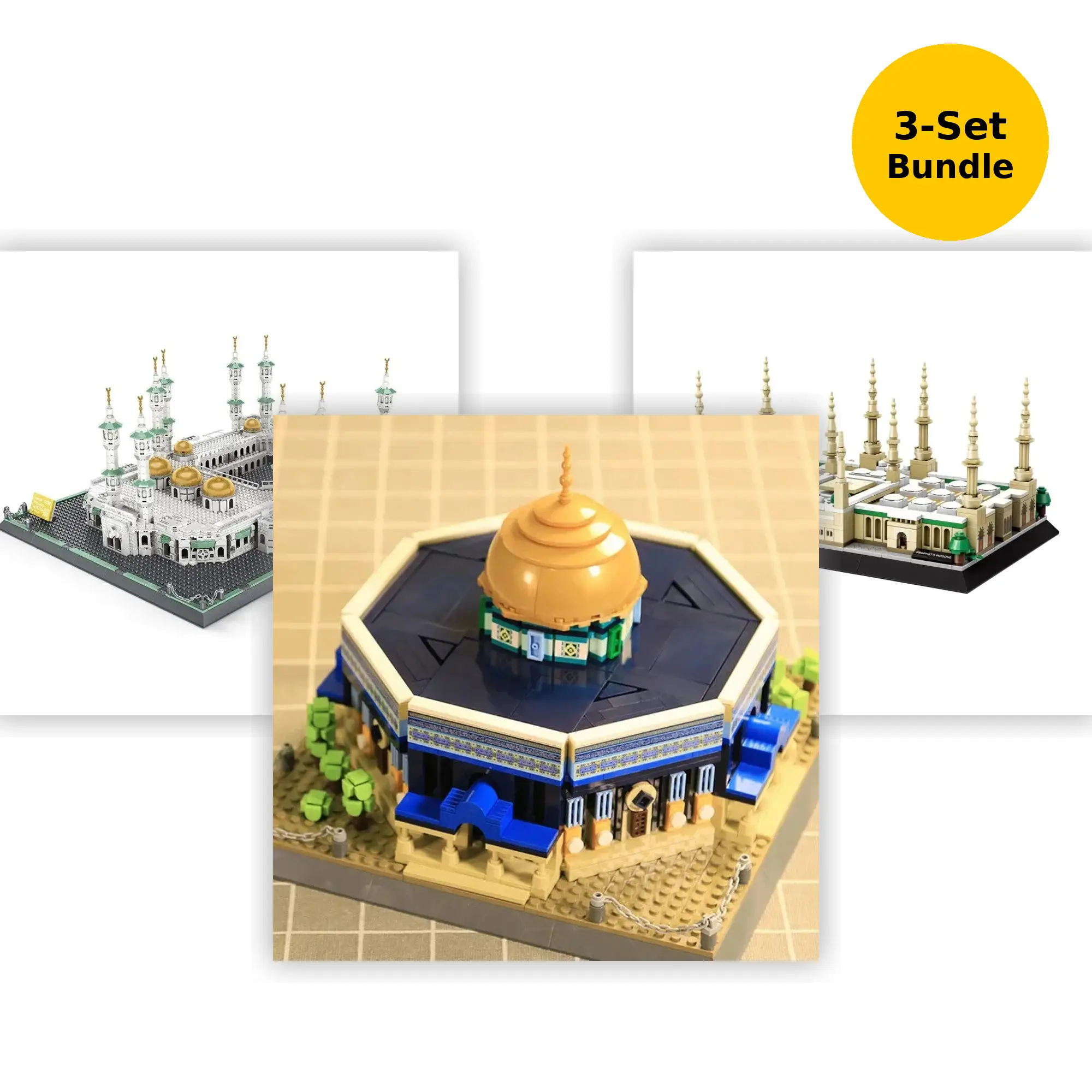 Blauwe en gouden lego model van de rotskoepel in de ultieme bouwstenenbundel drie heilige plaatsen